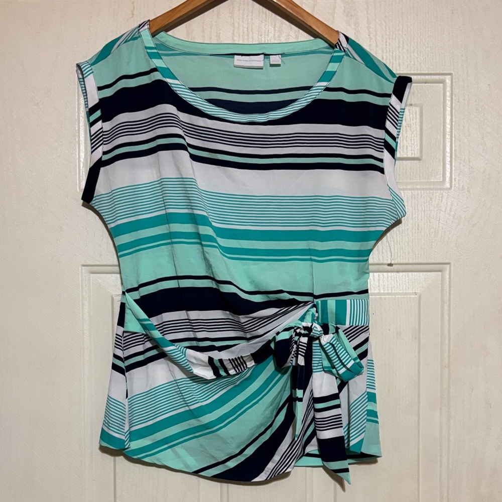 New York & Company Aqua and Blue‎ Striped Blouse